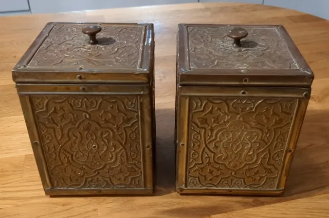 Pair Brass Embossed Wood Tea Caddy Tin Lined Vintage Canister. Tea Coffee Lidded