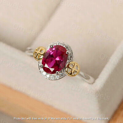 2Ct Oval Cut Red Ruby Diamond Halo Engagement Wedding Ring 14K White Gold Finish
