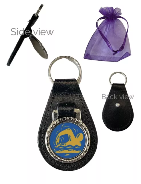 Swimming (D) Black Genuine Leather Domed Keyring