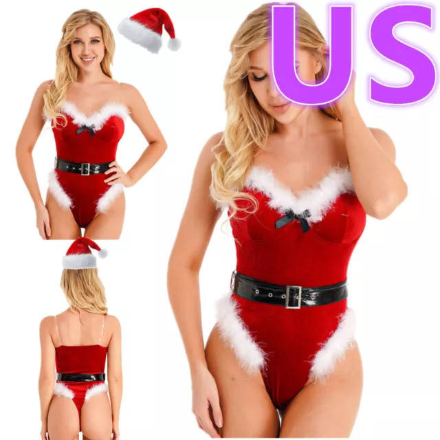 US Women Xmas Bodysuit with Hat Outfit Velvet Christmas Lingerie Set Santa Claus