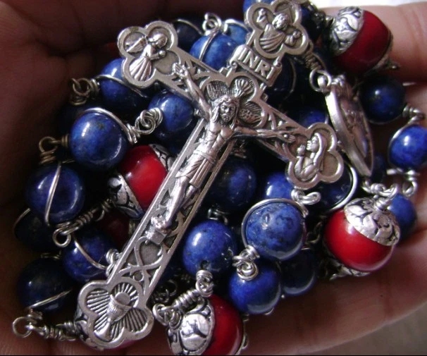 Sterling 925 Silver Lapis lazuli Beads Rosary CROSS CRUCIFIX CATHOLIC NECKLACE