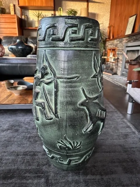 Large West German Pottery Style Floor Vase With Primitive Hunters - FCO Figueras