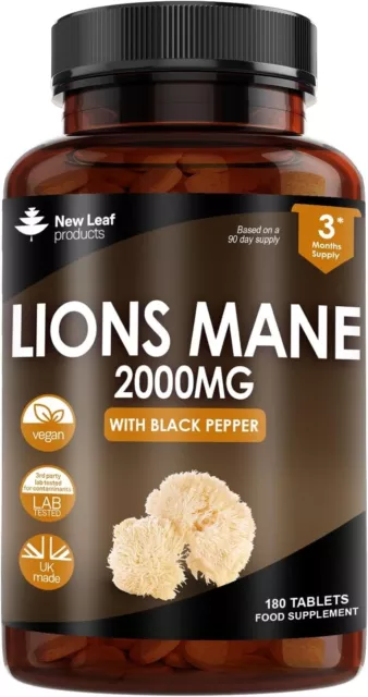 Lions Mane Mushroom 2000mg - 180 High Strength Vegan Tablets - Supplement