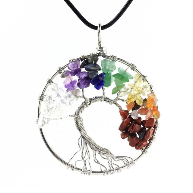 Natural Healing Crystal Quartz Chakra Round Tree of Life Stone Pendant Necklace