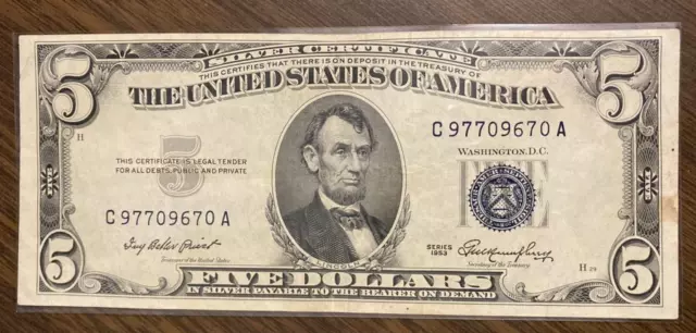 1953  Five  Dollar Bill Silver Certificate   XF