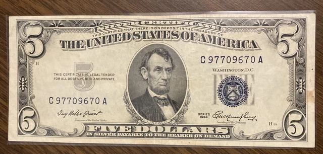 1953  Five  Dollar Bill Silver Certificate   XF