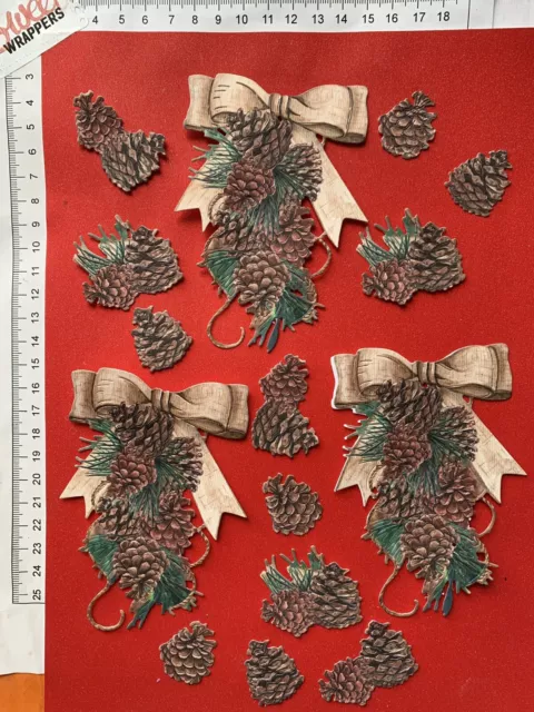 DECOUPAGE CARD Tattered Lace Die Cuts x3 Christmas Pine Cone Swag Ribbon Festive