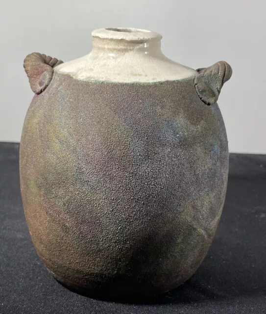 Vintage Mid-Century Pottery Urn Vase Raku Iridescent Glaze Handles