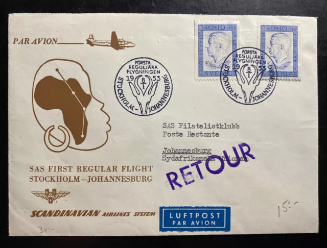 1953 Stockholm Sweden First Flight Airmail cover to Johannesburg South Africa