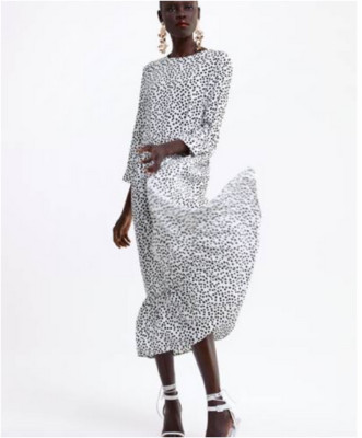 ZARA Womens Sz M "The Polka" Dress Ankle-Length White w Black Dots 3/4 Sleeve