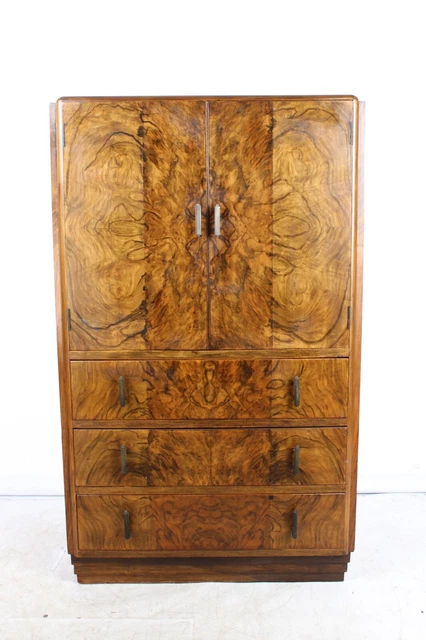 Art Deco Walnut Tall Boy - Vintage Retro Burr Walnut Cupboard on Chest Drawers