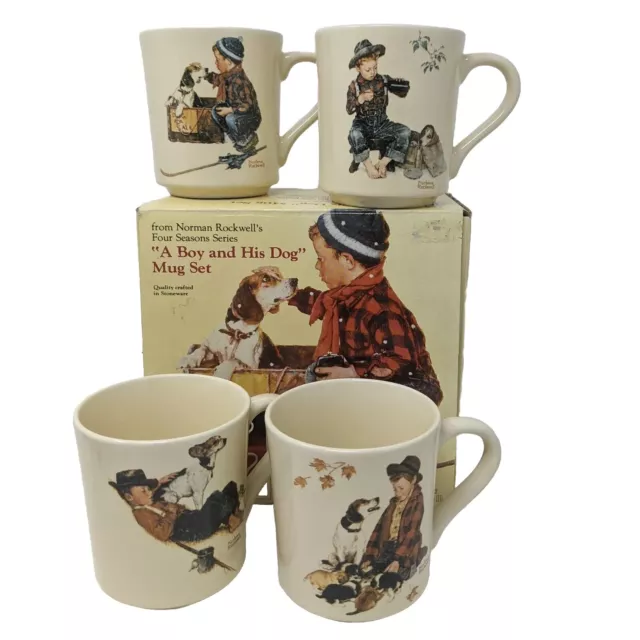 1984 Norman Rockwell Four Seasons "A Boy And His Dog" Collectible 4 Mug Set #127