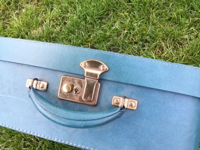 Vintage Teal Blue Suitcase Bag Travel Handbag Vanity Holdall Case Hand Luggage