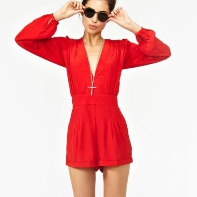 Motel Rocks Red Long Sleeve Romper V Neck