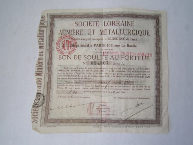 Societe Lorraine Miniere Et Metallurgique Bon De Soulte Au Porteur 1933
