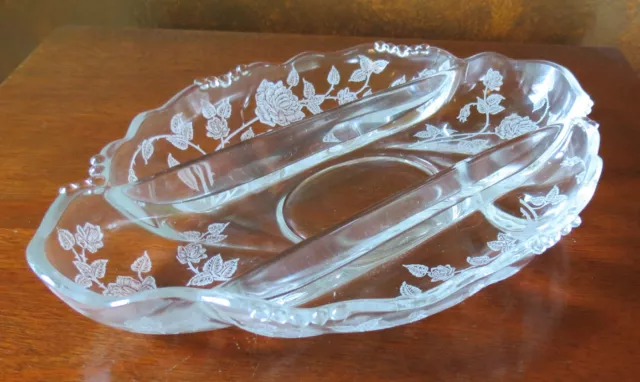 Heisey Waverly Rose Etched 3 Part Divided Relish/Celery Dish