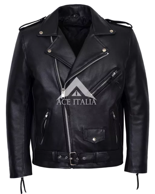 BRANDO FRINGE Black Men's Classic Motorcycle Biker Cowhide Real Leather Jacket