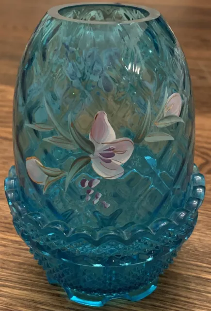 Fenton Hand Painted Fairy Lamp Signed JK Spindler  Light Blue Glass