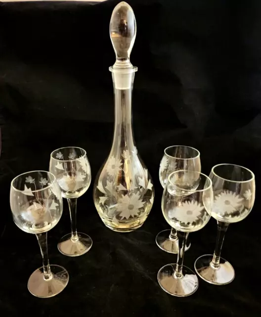 Toscany Toy 11 Handmade Etched Floral Glass Wine Decanter/Stopper w/ (5) Glasses