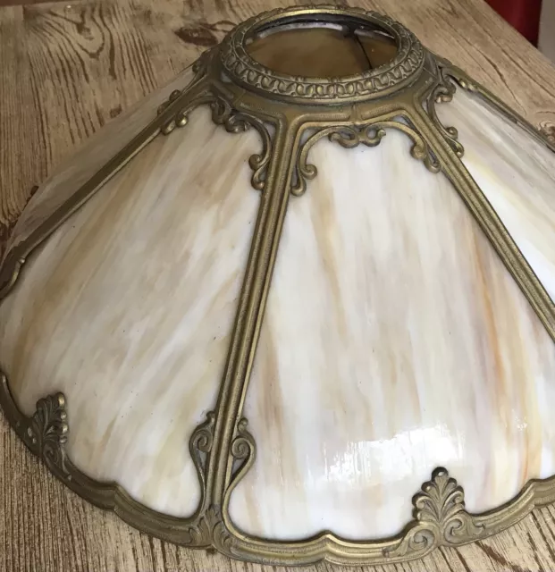 Circa 1920s ARTS & CRAFTS 6-Panel Slag Glass Lamp Shade White/Tan Large