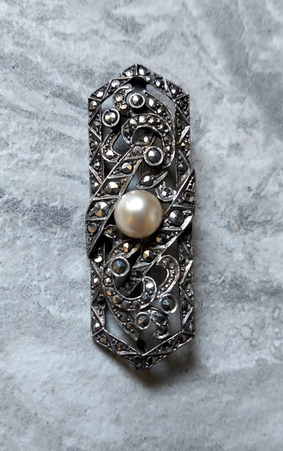 Broche Vintage Art Déco En Argent Avec Cristaux - Bijou Ancien Chic Et élégant