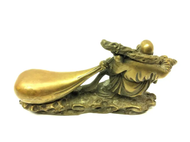 Vintage Happy Buddha Money Bag Wealth Figure Fish Solid Brass Metal 3