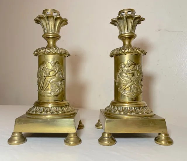 pair antique Neoclassical 1800's ornate heavy brass candlesticks candle holders