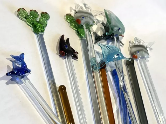 13 Assorted Set Glass Swizzle Sticks Stirrers Cocktail Blown Glass Barware - EX