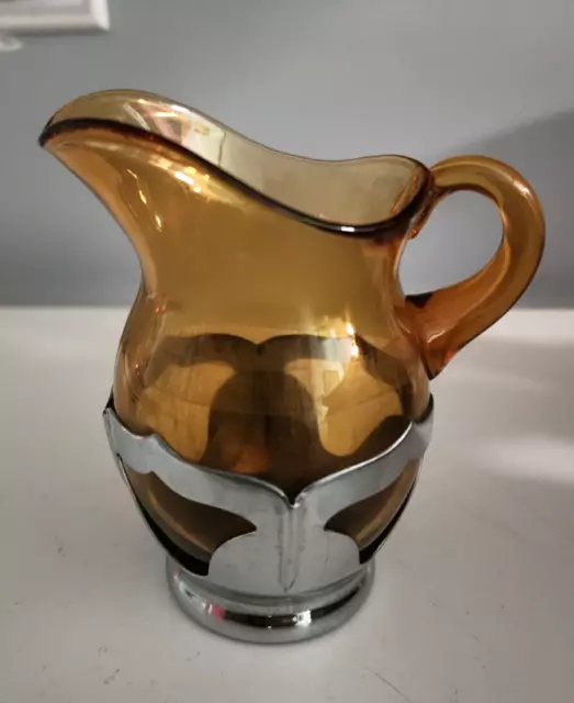 Vintage Farber Bros.  Amber Glass Pitcher with Chrome Base