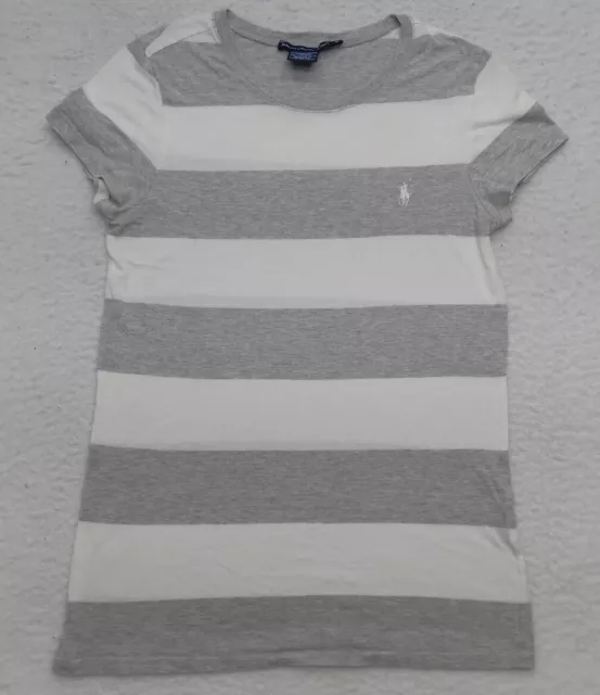 Ralph Lauren Sport Womens Medium M Shirt Top Stripe Gray/White Short Sleeve