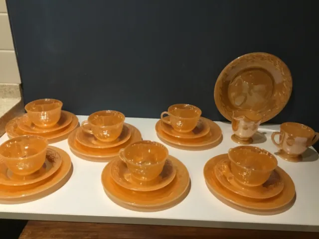 Anchor Hocking Fire King Peach Lustre Cups, saucers, side plates & creamer