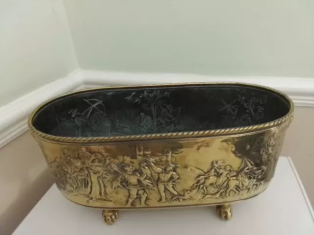 Antique Brass Jardiniere Oval Planter With 4 Clar & Ball Feet