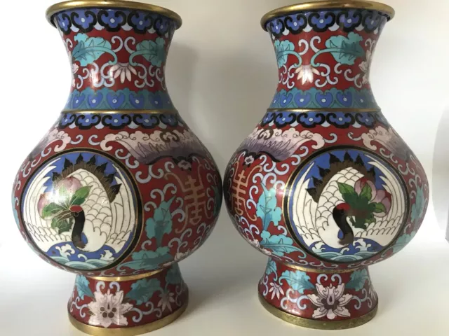 10.5" Tall Pair (2) Vtg Antique Chinese Figural Birds Bats Cloisonne Vases Urns