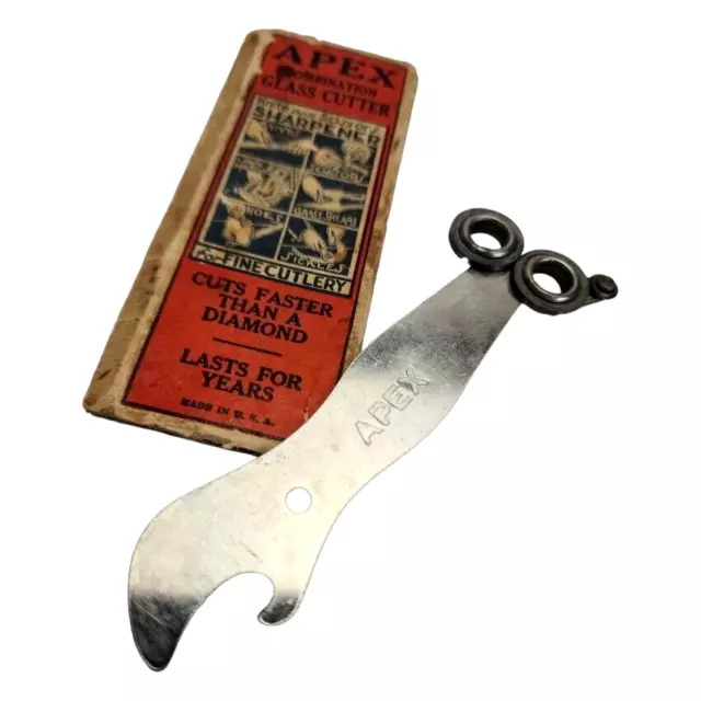 Apex Combination Glass Cutter Knife Scissors Sharpener Box Tool Vintage