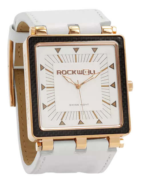 Nuevo en Caja Hombre Rockwell Carbono Fibra Reloj Pulsera Oro Rosa Cuero Blanco