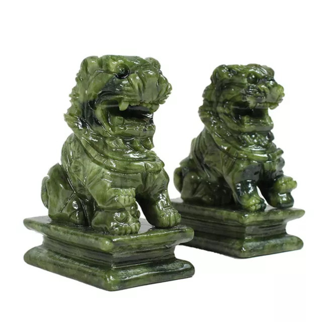 1 Pair China Green Jade Carved Fengshui Foo Fu Dog Guard Door Lion Office Decor