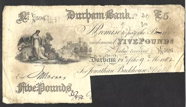 1882 Durham Bank £5. cut cancelled.