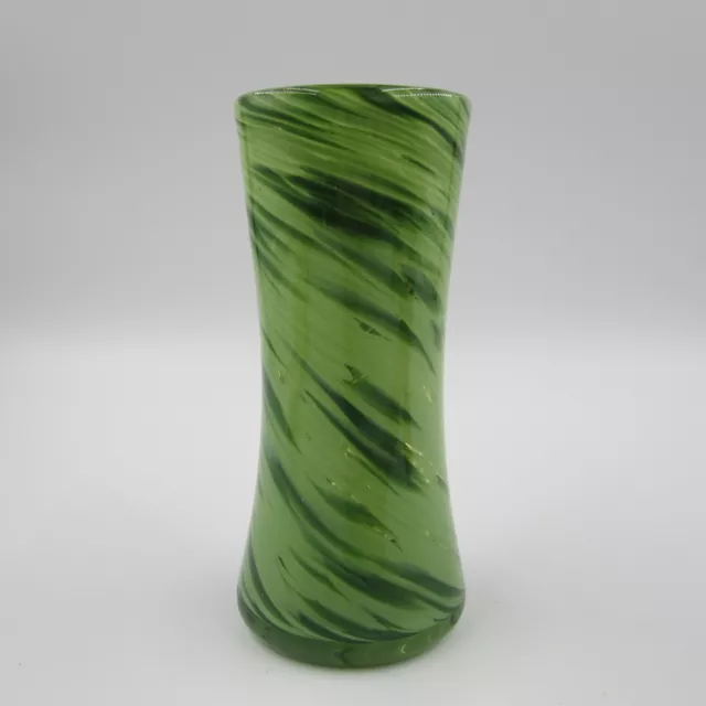 6" Hand Blown Art Glass Bud/Flower Vase W/ Light & Dark Forest Green Swirls 3