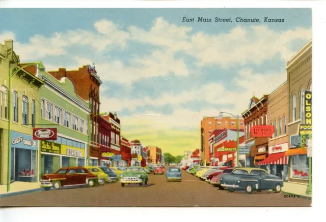 Downtown Stores-East Main Street Scene-Chanute-Kansas-Vintage Postcard