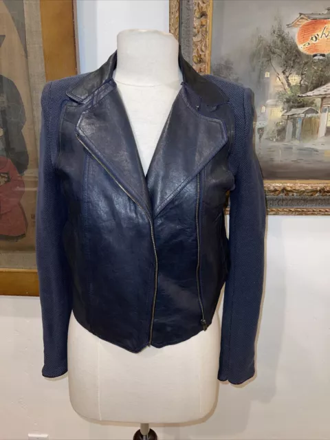 Designer O 2nd Barneys New York Moto Jacket Navy size 4 Leather & Knit