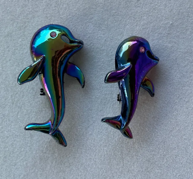 Vintage Costume Jewelry Carnival Glass Iridescent Enamel Metal Dolphin Pin Set
