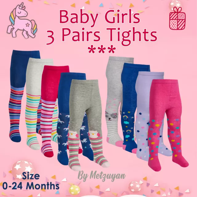 3 Pairs Baby Girls Designer Tights Cotton Rich Unicorn Owl Spots Rainbow Striped