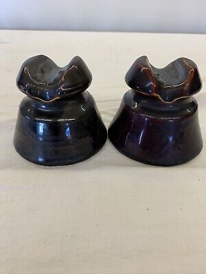 2 Vintage/Antique Ceramic Brown Electric Saddle Top Insulators