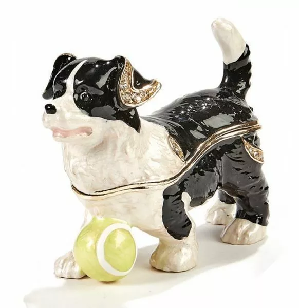 Puppy dog playing Ball Trinket Box, hinged, jeweled, enameled, NIB Cutie!