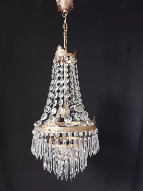 Antique Vintage Brass & Crystals French Empire Chandelier Ceiling Lamp Light