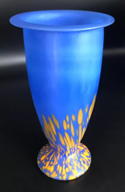 Kralik Style Spatter Glass Vase, Cobalt Blue with Orange / Yellow,  9.5"