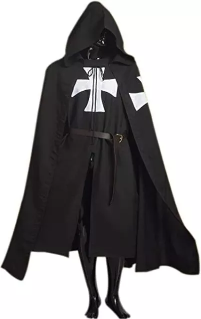 Medieval Crusader Knight Templar Tunic Black Surcoat Cloak Halloween Costume