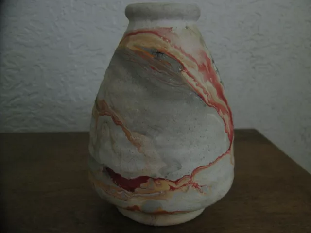 Vtg Nemadji Indian River Clay Pottery Vase Orange, Red,  Gray Swirl 6"