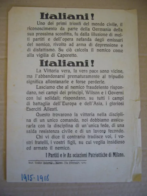 1918 Raro Volantino Di Propaganda Militare Post Caporetto