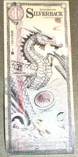 2022 Silver Back  Dragon, 1/1000 Troy Once Silver GB Note, Low Serial Number